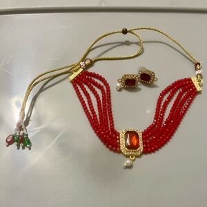 Red Beaded Choker Necklace Set with Gold Accents & Earrings